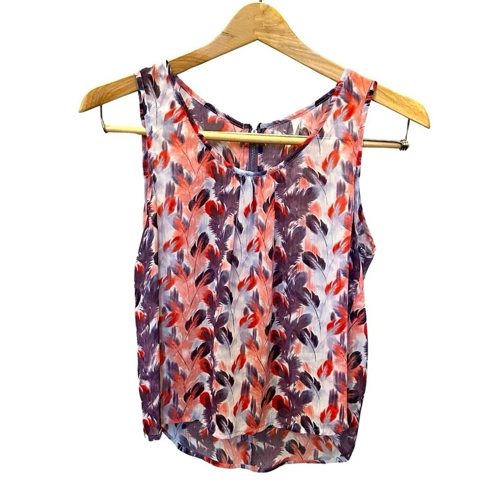 MYTH NYC Feather Print Sheer Tank Top Pink Purple Women’s Small.